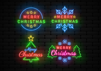 Fototapeta na wymiar Merry christmas neon light with pine tree illustration vector