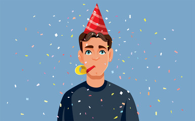 Young Man Celebrating with Party Blower Vector Cartoon