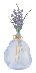 Watercolor dry lavender pampas in blue glass vase with rope twine