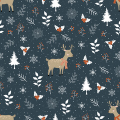Fototapeta na wymiar Winter seamless pattern with cute deer,berries and snowflakes on dark grey background