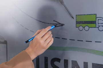Business trainer with pen using interactive board, closeup