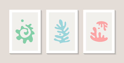 Set of three abstract posters with natural abstract corals. Matisse style. 