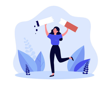 Happy woman breaking big cigarette. Girl choosing healthy lifestyle instead of unhealthy habit flat vector illustration. Addiction, smoking, health concept for banner, website design or landing page