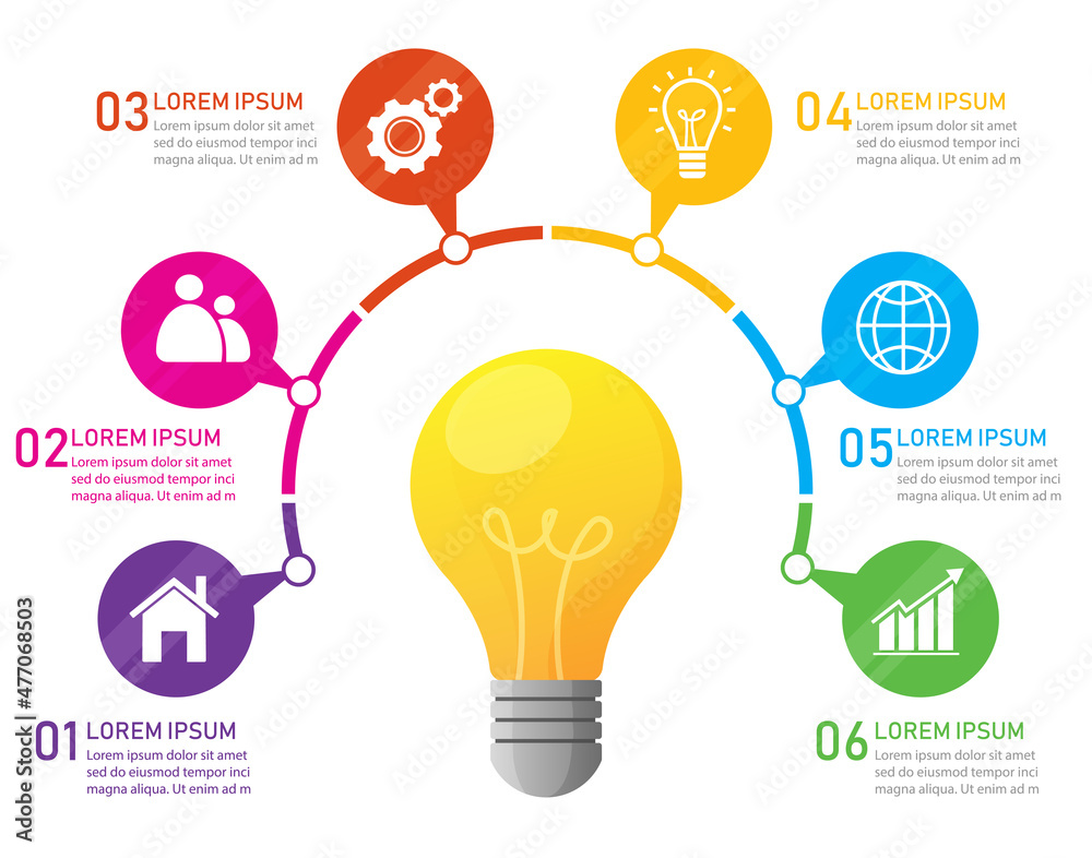 Wall mural light bulb circle infographic with 6 options. template for creative diagram for presentation and cha