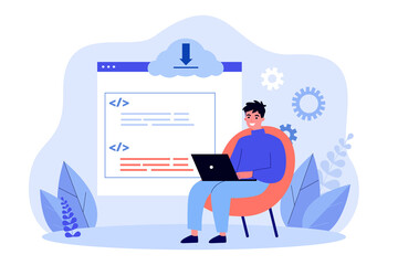 Programmer or developer with laptop creating app or website. System update, coding or programming flat vector illustration. Technology, software development concept for banner or landing web page