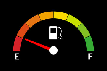 Empty fuel meter isolated on black background. Gas tank gauge. Oil level bar. Vector illustration flat design. - obrazy, fototapety, plakaty