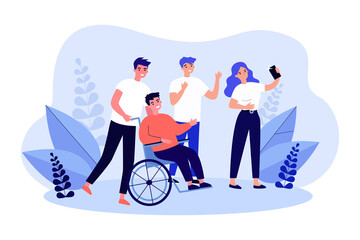Friends taking selfie together with man in wheelchair. Group of people taking photo with guy with physical disability flat vector illustration. Disability, friendship, communication concept for banner