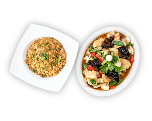 Chicken tausi with chaufa rice, Peruvian chifa, fusion food.