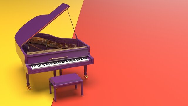 Purple-Gold Grand Piano on yellow-orange background. 3D illustration. 3D CG. 3D high quality rendering.