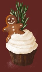Chocolate cupcakes, whipped cream, gingerbread and rosemary bouquets
