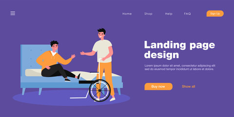 Fototapeta premium Friend or assistant helping man get on wheelchair from bed. Disabled person in bedroom flat vector illustration. Assistance, disability, friendship concept for banner, website design or landing page