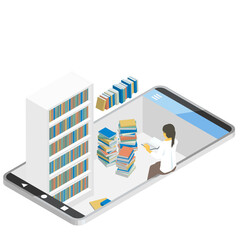 アイソメトリック スマートフォンに電子書籍をダウンロードする 電子図書室で本を読む人のイメージイラスト ベクター