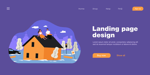 Flood victims sitting on roof of house. Flat vector illustration. Man and woman waiting for help while car, trees, road signs drowning in water. Emergency, natural disaster, flood, rescue concept