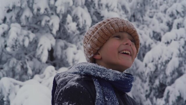 Happy child looking around on a snowy winter day.
Happy and excited face of child looking around on winter day.
