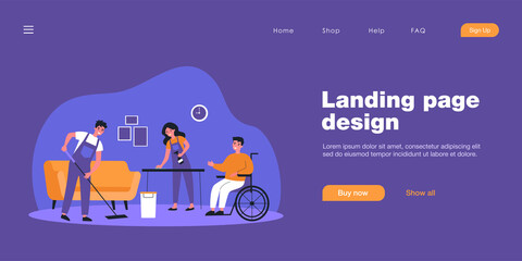 Disabled person in wheelchair using services of cleaning company. Flat vector illustration. People in special uniforms professionally cleaning house. Cleanliness, service, help, disability concept