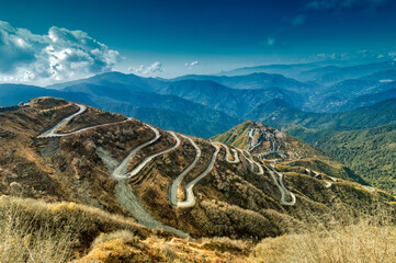 Beautiful Curvy roads on Old Silk Route, Silk trading route between China and India, Sikkim. Indo...