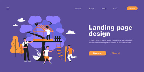 Father and kids building treehouse together. Man holding hammer and nail, son carrying wooden plank flat vector illustration. Family, outdoor activity concept for banner, website design, landing page