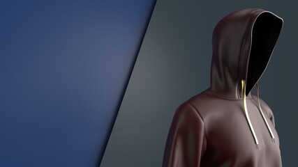 Anonymous hacker with dark brown color hoodie in shadow under gray-blue background. Dangerous criminal concept image. 3D CG. 3D illustration. 3D high quality rendering.