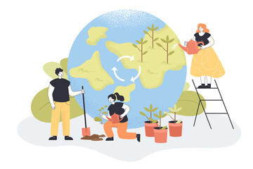 Teamwork of tiny volunteers on reforestation, ecology protection. People planting tree seedlings with shovel and watering can together flat vector illustration. Environment, agriculture concept