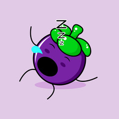 cute mangosteen character with sleep expression, lie down, close eyes and mouth open. green and purple. suitable for emoticon, logo, mascot and icon