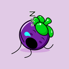 cute mangosteen character with sleep expression and mouth open. green and purple. suitable for emoticon, logo, mascot and icon