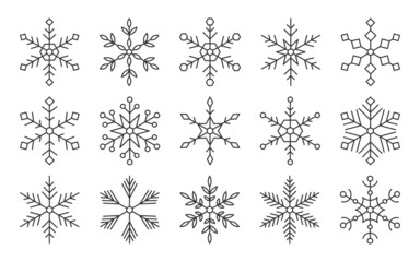 Snowflakes snow xmas symbol thin black line set. Winter element new year decor christmas contour. Linear icon freeze sticker hexagonal shape holiday card invitation weather widget isolated on white