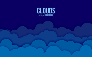 Cloud paper cut blue sky flat style. Cartoon volumetric splash wallpaper postcard. Night dark handcraft origami modern horizontal 3d background. Good weather invitation news vector illustration