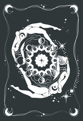 Mystical magical bohemian mandala with two flying girls. Phases of Moon elements and stars constellations. Lunar esoteric tapestry wall hanging decor or blanket. Astrology or Zodiac background. Vector