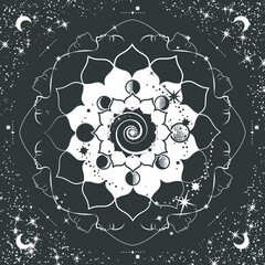 Mystical magical boho mandala with Universe and faces. Phases of Moon elements and stars constellations. Lunar esoteric tapestry wall hanging decor or blanket. Astrology or Zodiac background. Vector