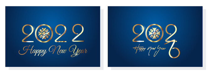 Happy New Year 2022. Christmas greeting cards set. Golden greeting inscription on blue background. Vector illustration