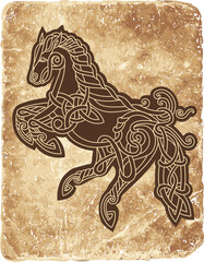 Ancient nordic celtic horse on the old texture. Scandinavian style pattern. Vector
