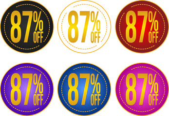 Set sale 87%off banners, discount tags, promotion stickers, vector illustration.	
