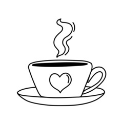 Hand drawn cup of hot tea or coffee with heart in doodle style. Saint Valentine`s Day. Vector illustration.