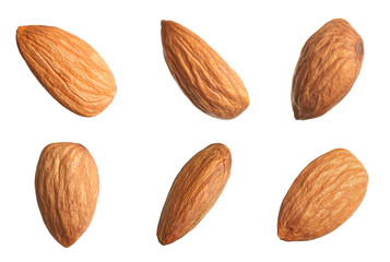 Set with tasty almonds on white background