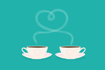 Vector illustration of a white mugs of lovers with hot tea or coffee and steam in the shape of a heart isolated on blue background.