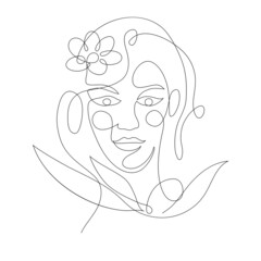 Portrait of a woman, romantic portrait, hand-drawn girl with flowers, line art. Simple logo for cosmetics, outline drawing with one continuous line, isolated on white background. Vector illustration