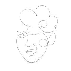 Fine female portrait, romantic portrait, hand-drawn flower girl, line art. Logo for cosmetics, outline drawing with one continuous line, isolated on white background. Vector illustration