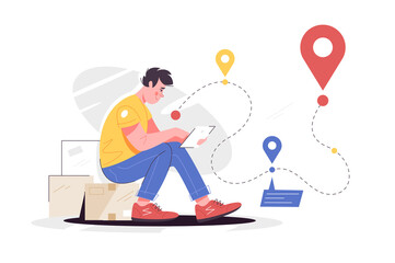 Man character paving way on mobile phone app