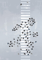 Abstract people crowd as running man silhouette on pedestrian-crosswalk zebra crossing. Aerial top view. Metaphor of behavior of people crowd or butterfly effect or swarming of people