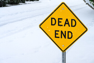 Dead end sign in a residential neighborhood on a snowy day, snow covering street, bushes, and trees
