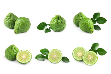 Fototapeta premium Set with fresh ripe bergamot fruits on white background