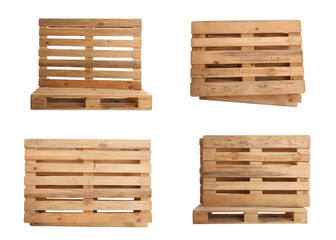 Set with wooden pallets on white background