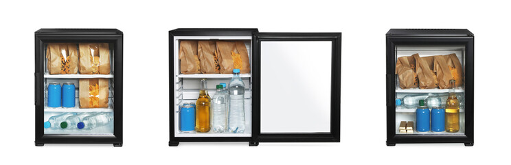 Set of modern black minibars with drinks and snacks on white background. Banner design