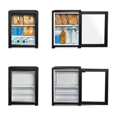 Set of modern black minibars with drinks and snacks on white background