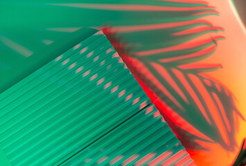 Palm tree leaves on abstract background with podiums in neon light. Trendy geometric shapes for products. Red and green gradient light. Minimalism, 90s, 80s concept.