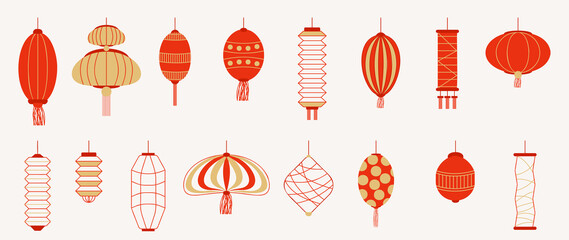 Chinese New Year Icons vector set. Chinese paper lantern and red lamp isolated icons of Asian Lunar New Year holiday decoration vector. Oriental culture tradition illustration. - obrazy, fototapety, plakaty