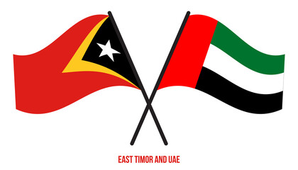 East Timor and UAE Flags Crossed And Waving Flat Style. Official Proportion. Correct Colors.