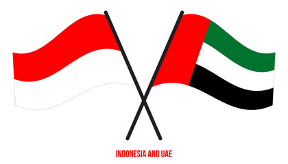 Indonesia and UAE Flags Crossed And Waving Flat Style. Official Proportion. Correct Colors.