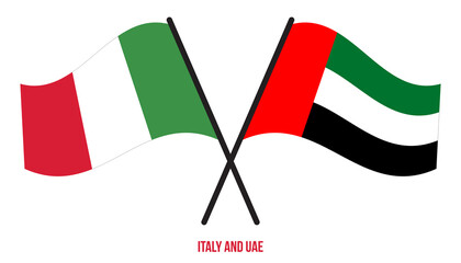 Italy and UAE Flags Crossed And Waving Flat Style. Official Proportion. Correct Colors.