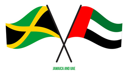 Jamaica and UAE Flags Crossed And Waving Flat Style. Official Proportion. Correct Colors.